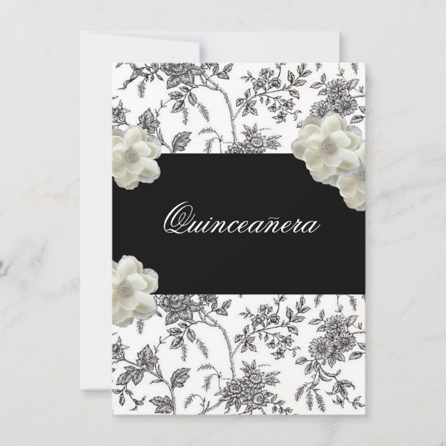Elégante Quinceanera Noir & Blanc Invitation (Devant)