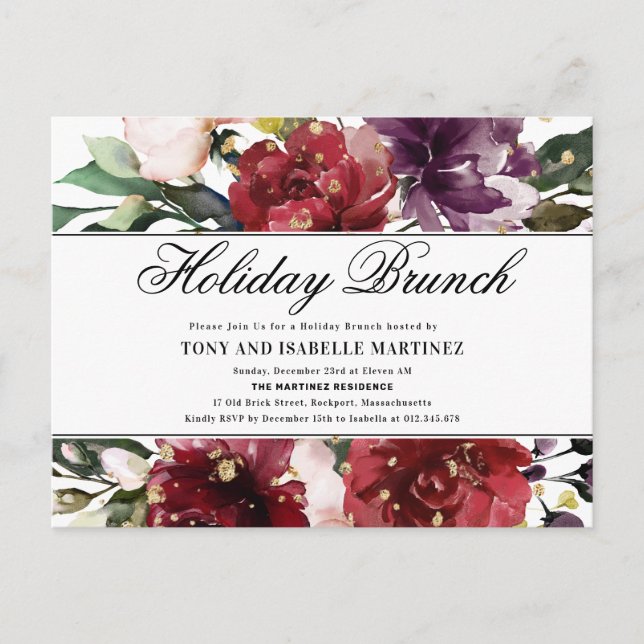 Elégante Red Floral Holiday Brunch Invitation (Devant)