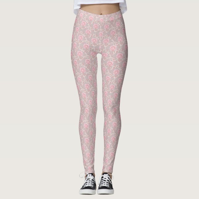 Élégante Rose rose et feuille sur les Leggings imp (Devant)
