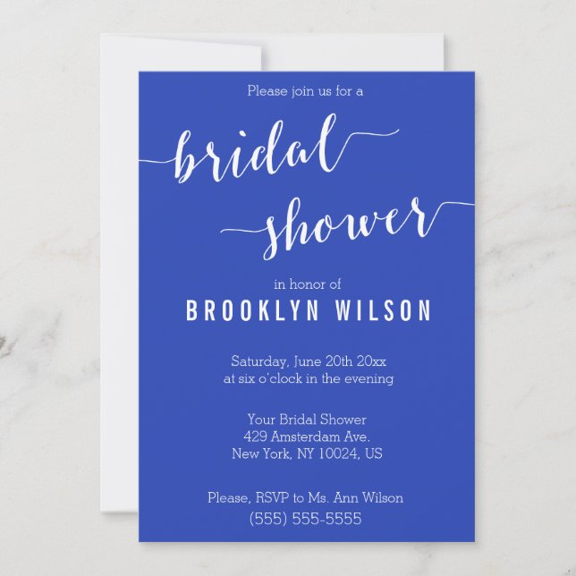 Elégante Royal Blue White Bridal Shower Invitation (Devant)