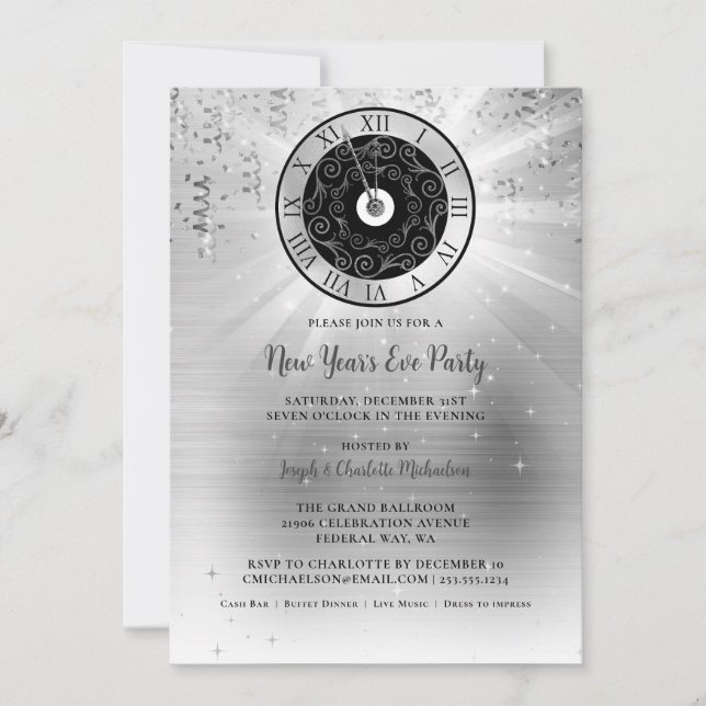 Elégante Silver New Years Eve Party Invitation (Devant)