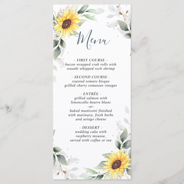Elégante Sunflowers Green Mariage Carte Menu (Devant)