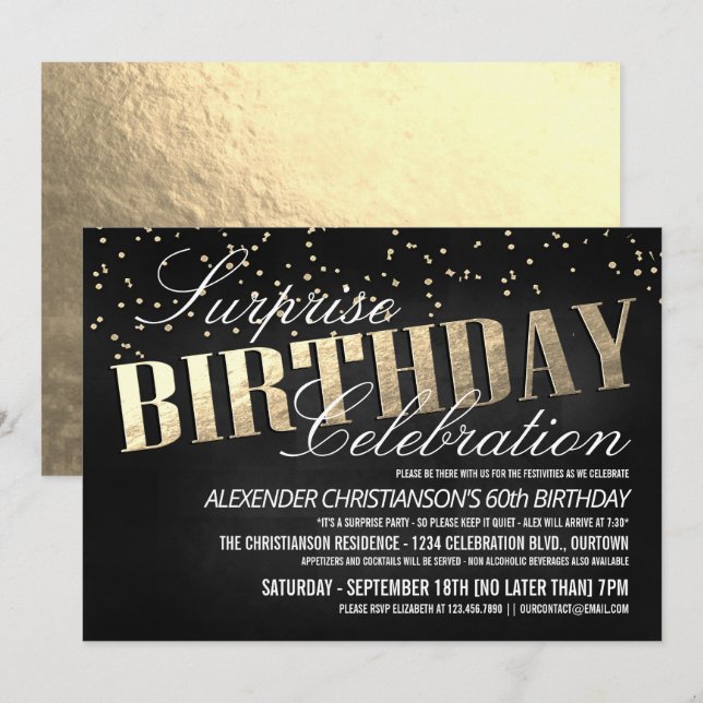 Elégante surprise Invitations de fête d'anniversai (Devant / Derrière)