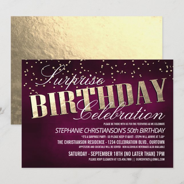 Elégante surprise Invitations de fête d'anniversai (Devant / Derrière)