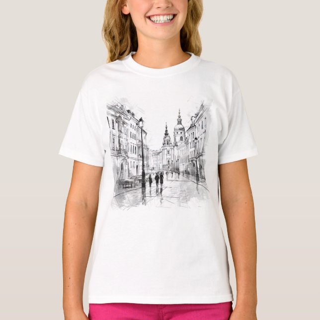 Elégante T-shirt Prague noir & blanc pour elle (Devant)
