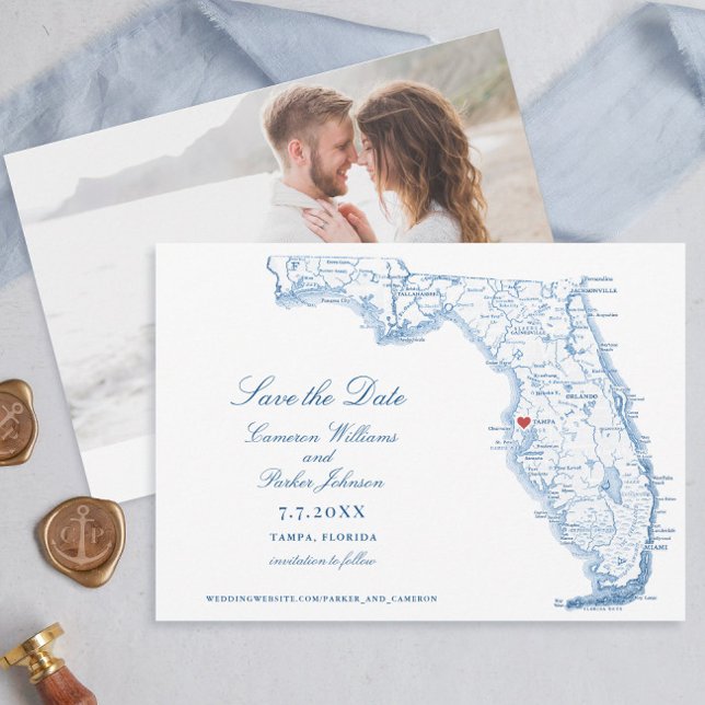 Elégante Tampa Floride Mariage Carte bleue (Elegant Tampa Florida wedding save the dates with navy blue map from Coastal Map Designs)