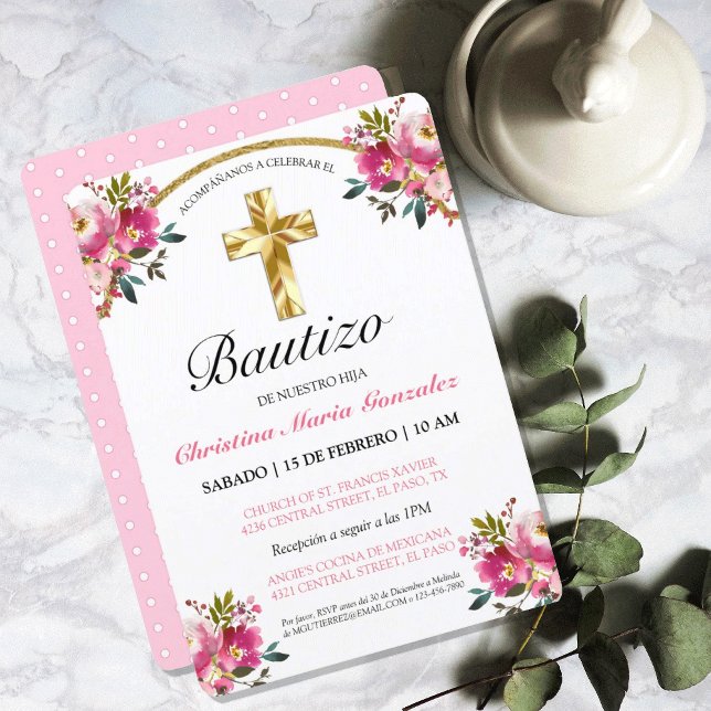 Elegante Tinta Floral Bautizo Cruz De Oro Invitation (Elegante Tinta Floral Bautizo Cruz De Oro Invitation)