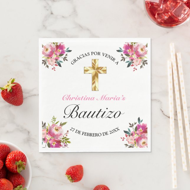 Elegante Tinta Floral Bautizo Cruz De Oro Napkin (Insitu)