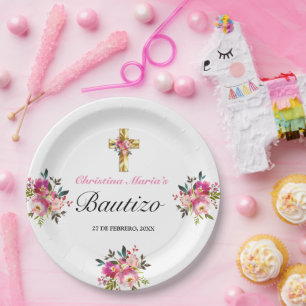 Elegante Tinta Floral Bautizo Cruz De Oro Paper Plate