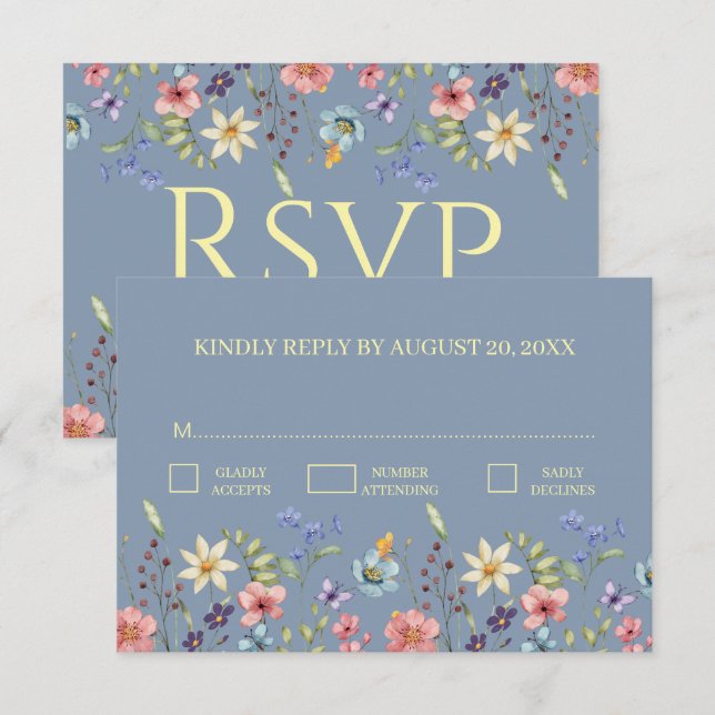Elégante tradition florale Dusty Blue Wedding RSVP (Devant / Derrière)