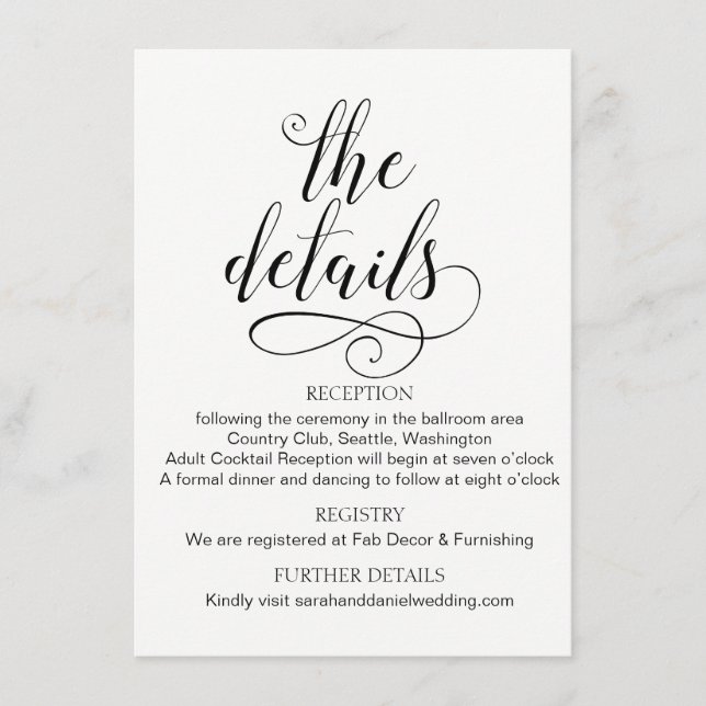 Elégante Typographie Détails du Mariage Carte de b (Devant)