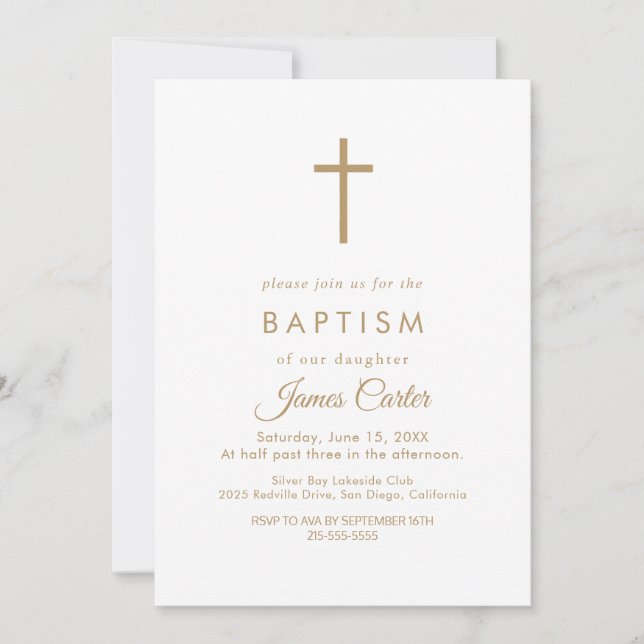 Élégante Typographie Or Croix Baptême Invitation (Devant)