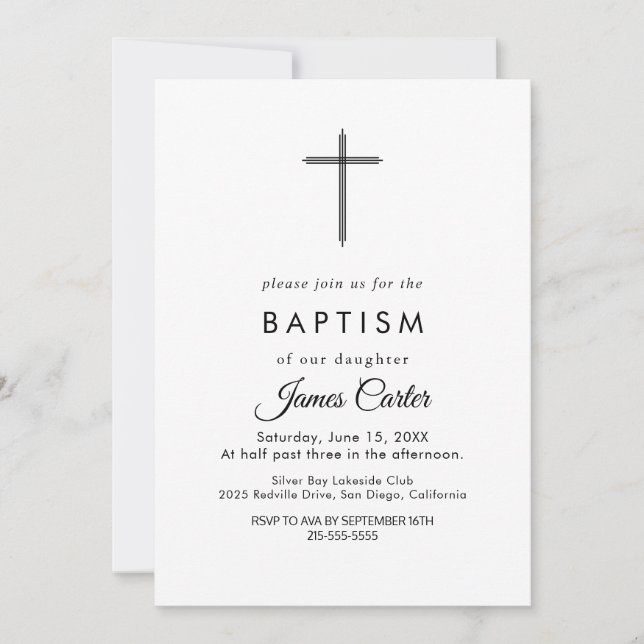 Élégante Typographie Or Croix Baptême Invitation (Devant)