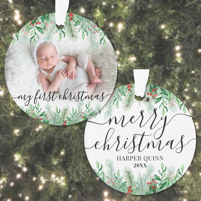 Élégante verdure Bébé Photo Premier Noël (Elegant Greenery Baby Photo First Christmas Ornament )