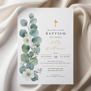 Élégante verdure Croix d'or Baptême Invitation