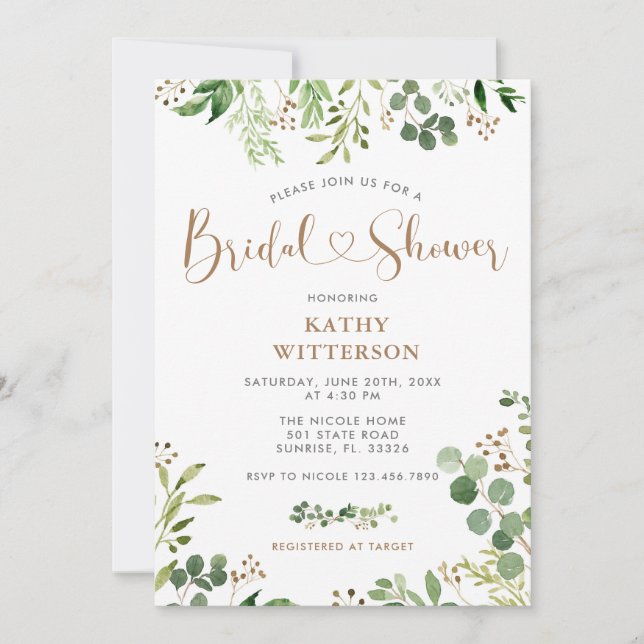 Elégante verdure Invitation de douche nuptiale (Devant)