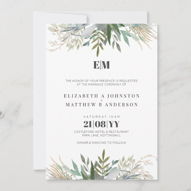 Elégante verdure Mariage Invitations Moderne (Devant)