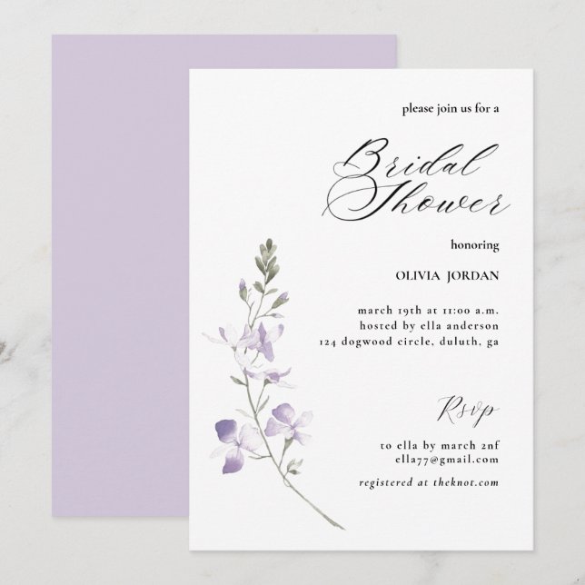 Elégante Violet Floral Bridal Shower Invitation (Devant / Derrière)