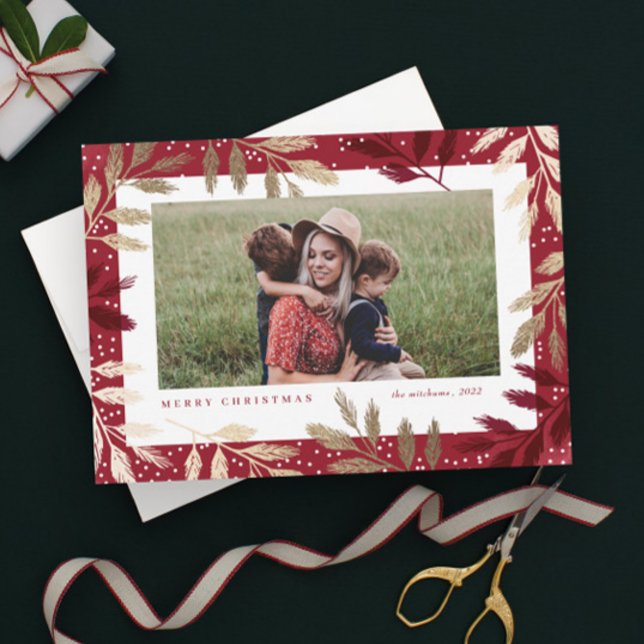 Élégantes Branches Or Photo Cartes de Noël (Elegant Red and Gold Foil Branch Frame Photo Christmas Holiday Magnetic Card.)