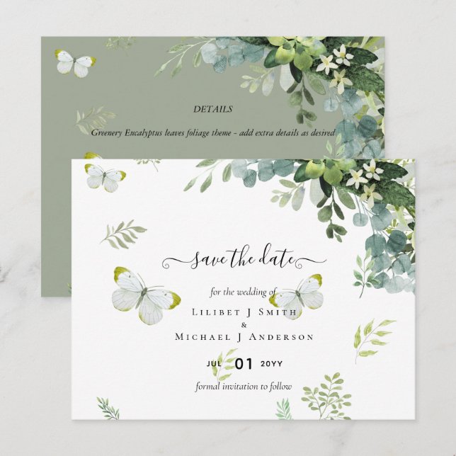 Élégantes cartes de mariage avec feuillage vert "S (Devant / Derrière)
