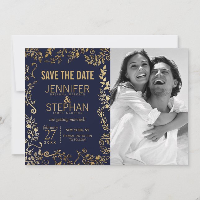 Élégantes faire-part de mariage bleu marine et or  (Devant)