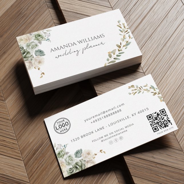 Élégantes fleurs vertes QR Code Carte de visite so (Créateur téléchargé)