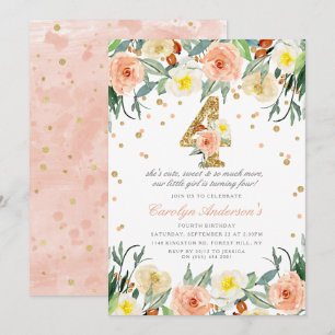 Elégantes Floral Girls 4e anniversaire Invitations
