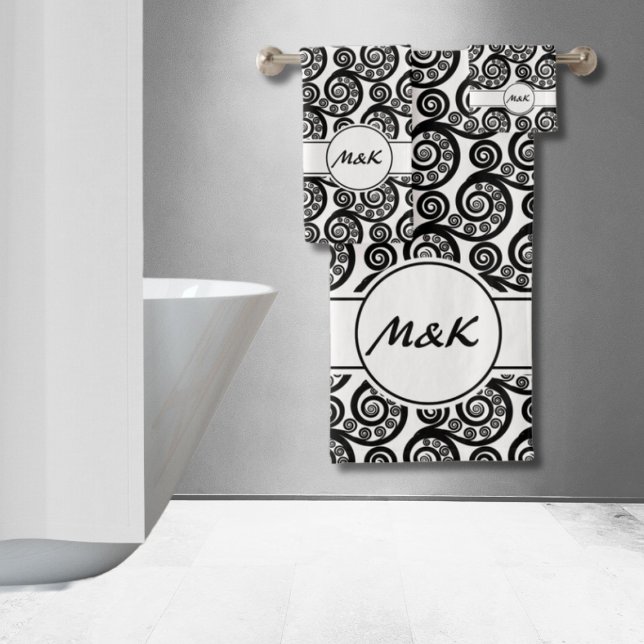 Élégantes initiales noir blanc botanique fronde de (Elegant Black White iniials Botanical Fern Frond Bath Towel Set)