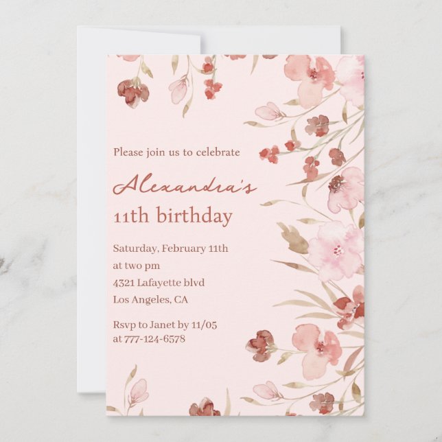 Elégantes invitations à 11e anniversaire Floral Ch (Devant)