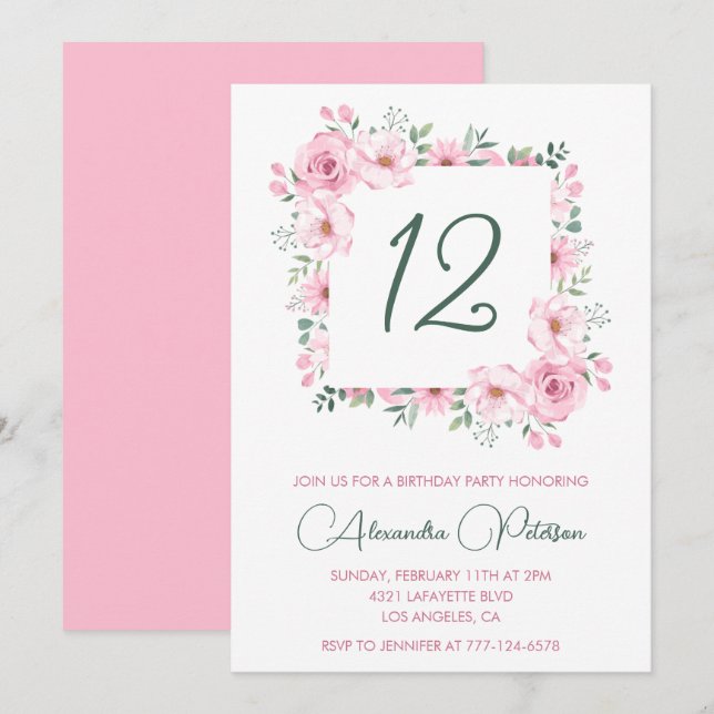 Élégantes invitations à 12e anniversaire Floral Pi (Devant / Derrière)