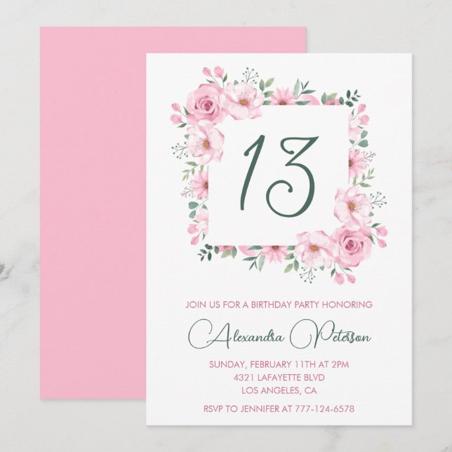 Élégantes invitations à 13e anniversaire Floral Pi (Devant / Derrière)