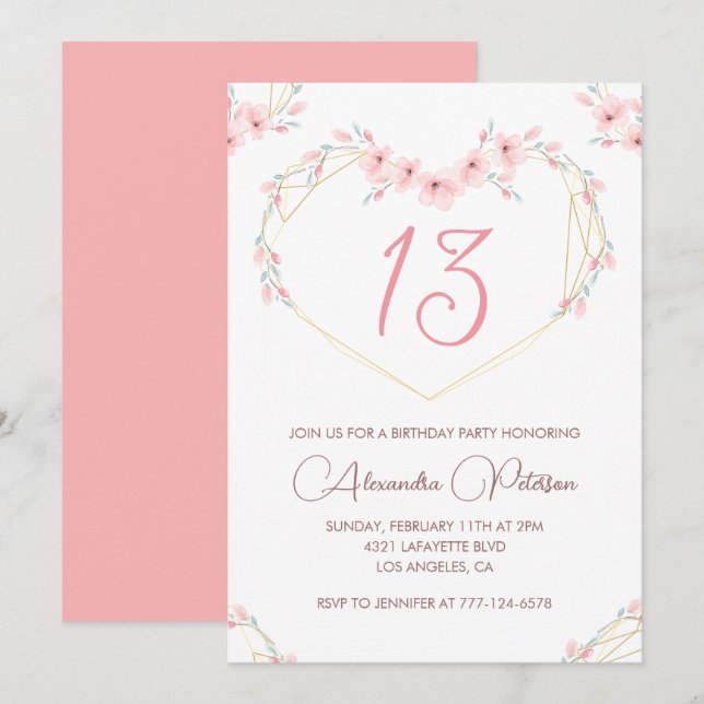 Élégantes invitations à 13e anniversaire Pink Flor (Devant / Derrière)