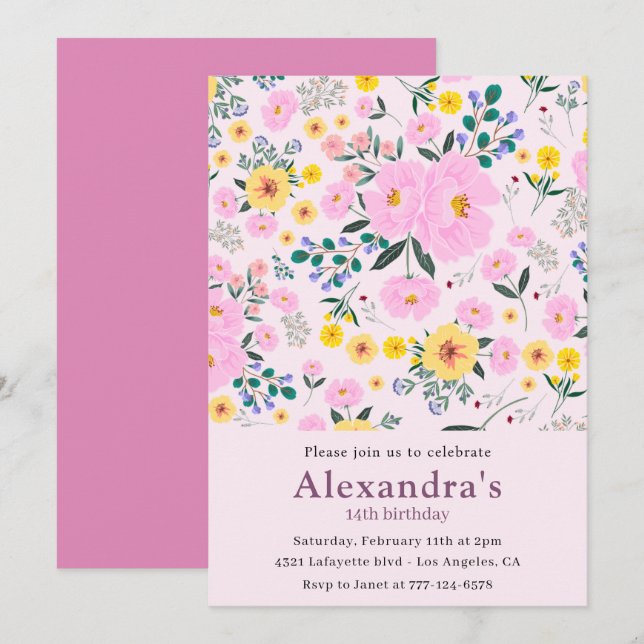 Élégantes invitations à 14e anniversaire Pink Flor (Devant / Derrière)