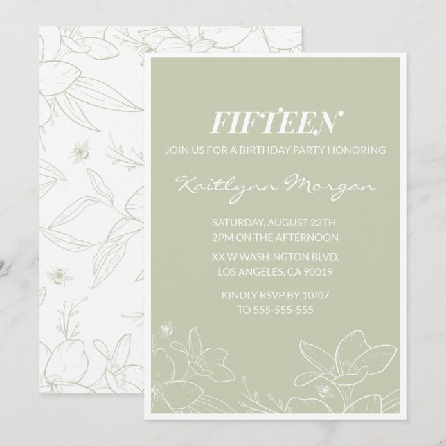 Élégantes invitations à 15e anniversaire Floral mo (Devant / Derrière)