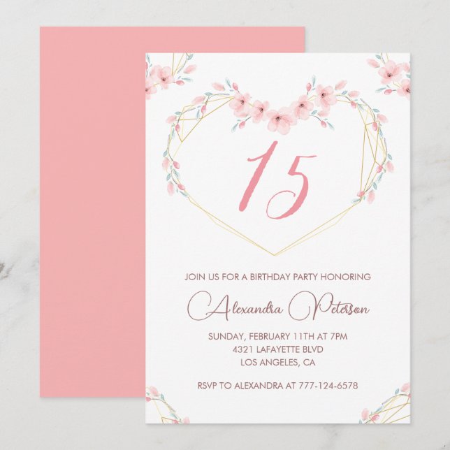 Élégantes invitations à 15e anniversaire Pink Flor (Devant / Derrière)