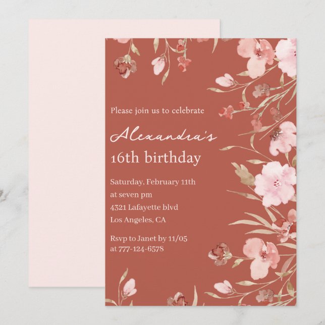 Elégantes invitations à 16e anniversaire Floral Ch (Devant / Derrière)