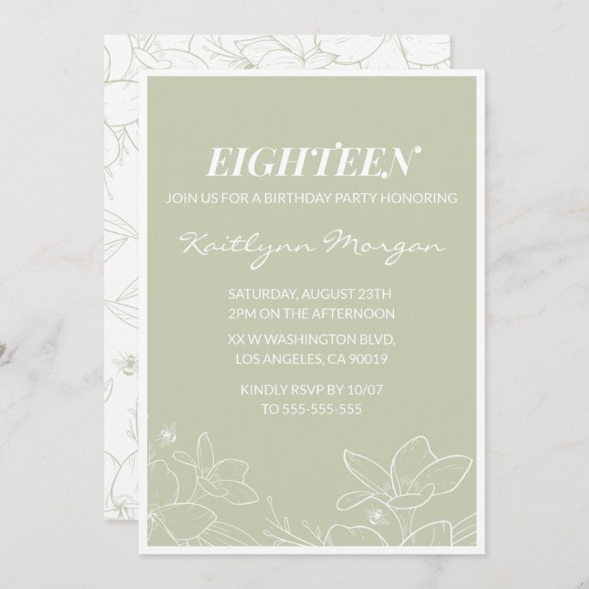 Élégantes invitations à 18e anniversaire Floral mo (Devant / Derrière)