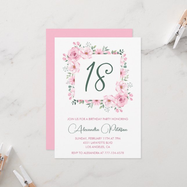 Élégantes invitations à 18e anniversaire Floral Pi (Devant/Arrière en situation)