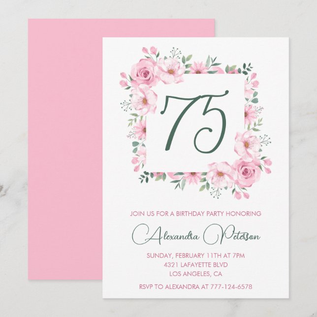 Élégantes invitations à 75e anniversaire Floral Pi (Devant / Derrière)