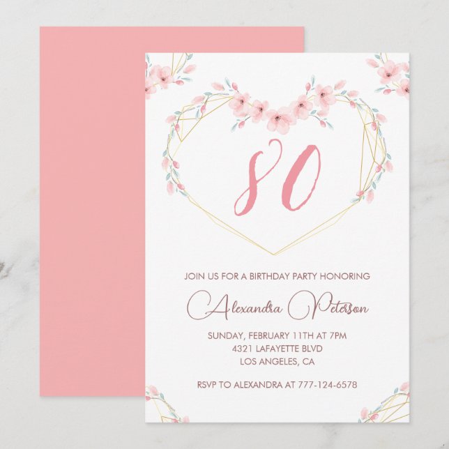 Élégantes invitations à 80e anniversaire Pink Flor (Devant / Derrière)
