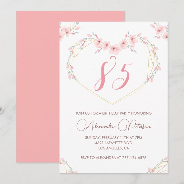 Élégantes invitations à 85e anniversaire Pink Flor (Devant / Derrière)