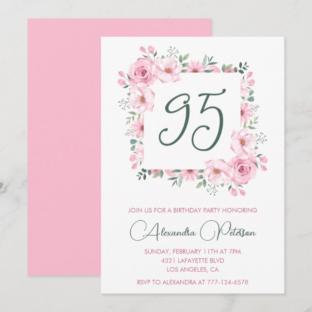 Élégantes invitations à 95e anniversaire Floral Pi (Devant / Derrière)