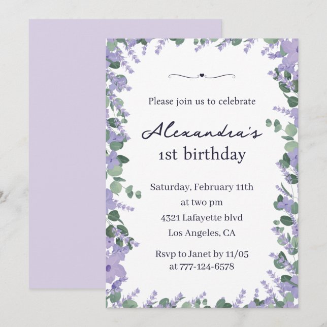 Elégantes invitations de 1er anniversaire Floral F (Devant / Derrière)