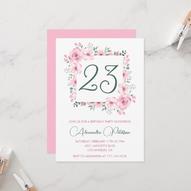 Élégantes invitations de 23e anniversaire Floral P (Devant/Arrière en situation)