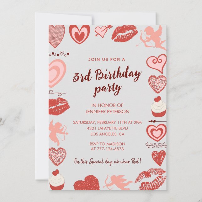 Elégantes invitations de 3e anniversaire Grey Red  (Devant)