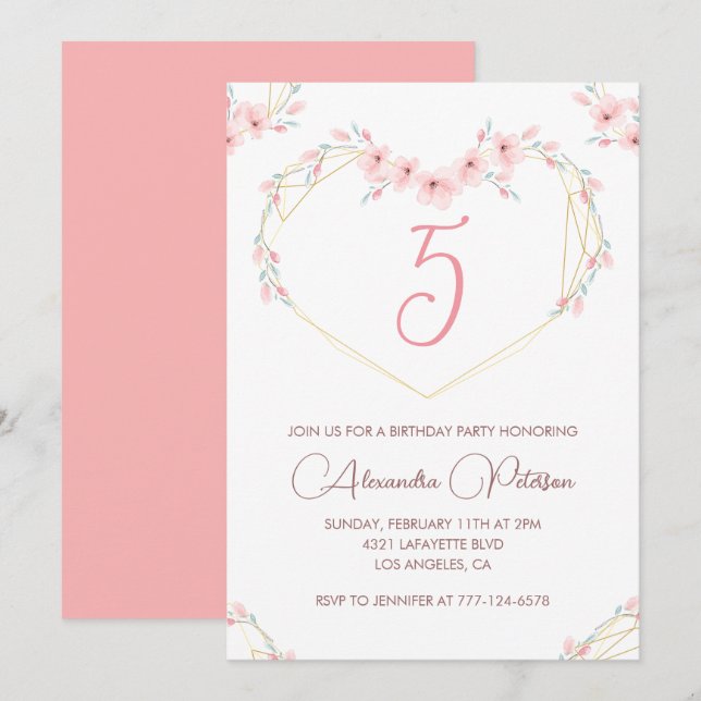 Élégantes invitations de 5e anniversaire Pink Flor (Devant / Derrière)