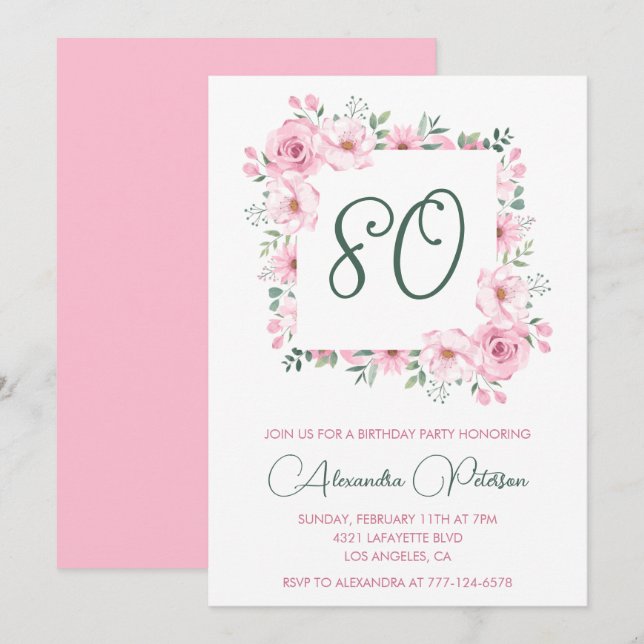 Elégantes invitations de 80e anniversaire Floral P (Devant / Derrière)