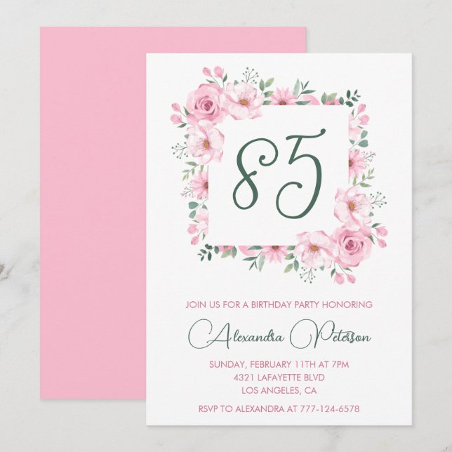 Elégantes invitations de 85e anniversaire Floral P (Devant / Derrière)