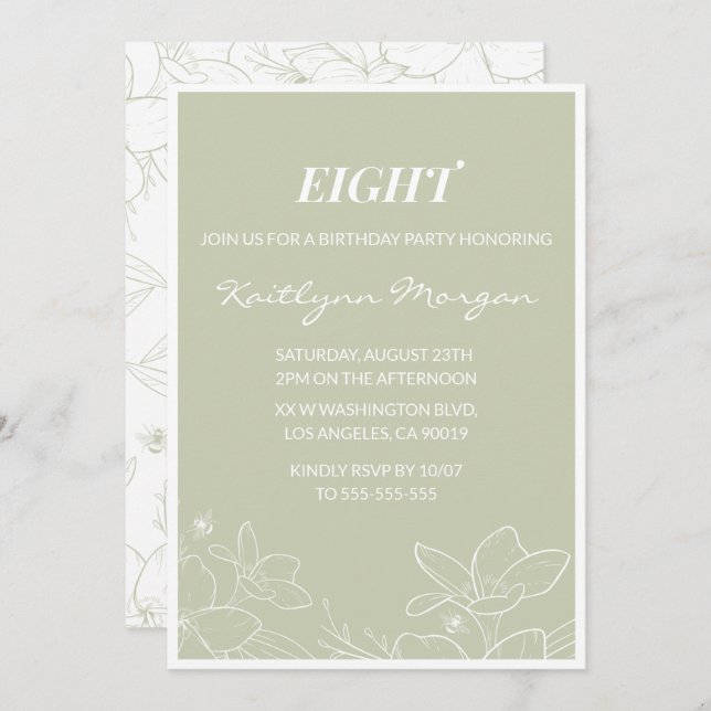 Elégantes invitations de 8ème anniversaire Floral  (Devant / Derrière)