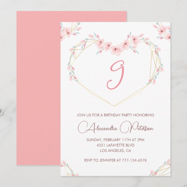 Élégantes invitations de 9e anniversaire Pink Flor (Devant / Derrière)
